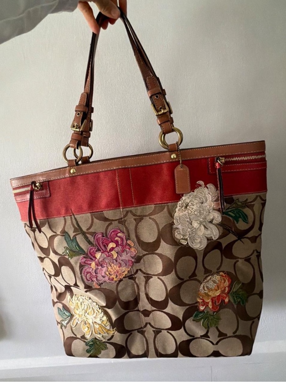 Coach Signature C Floral Appliqué Large Tote Bag Brown Red